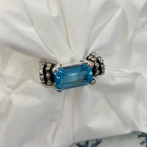 Lagos Blue Topaz Caviar Sterling Silver & 18K Yellow Gold Ring Size 7